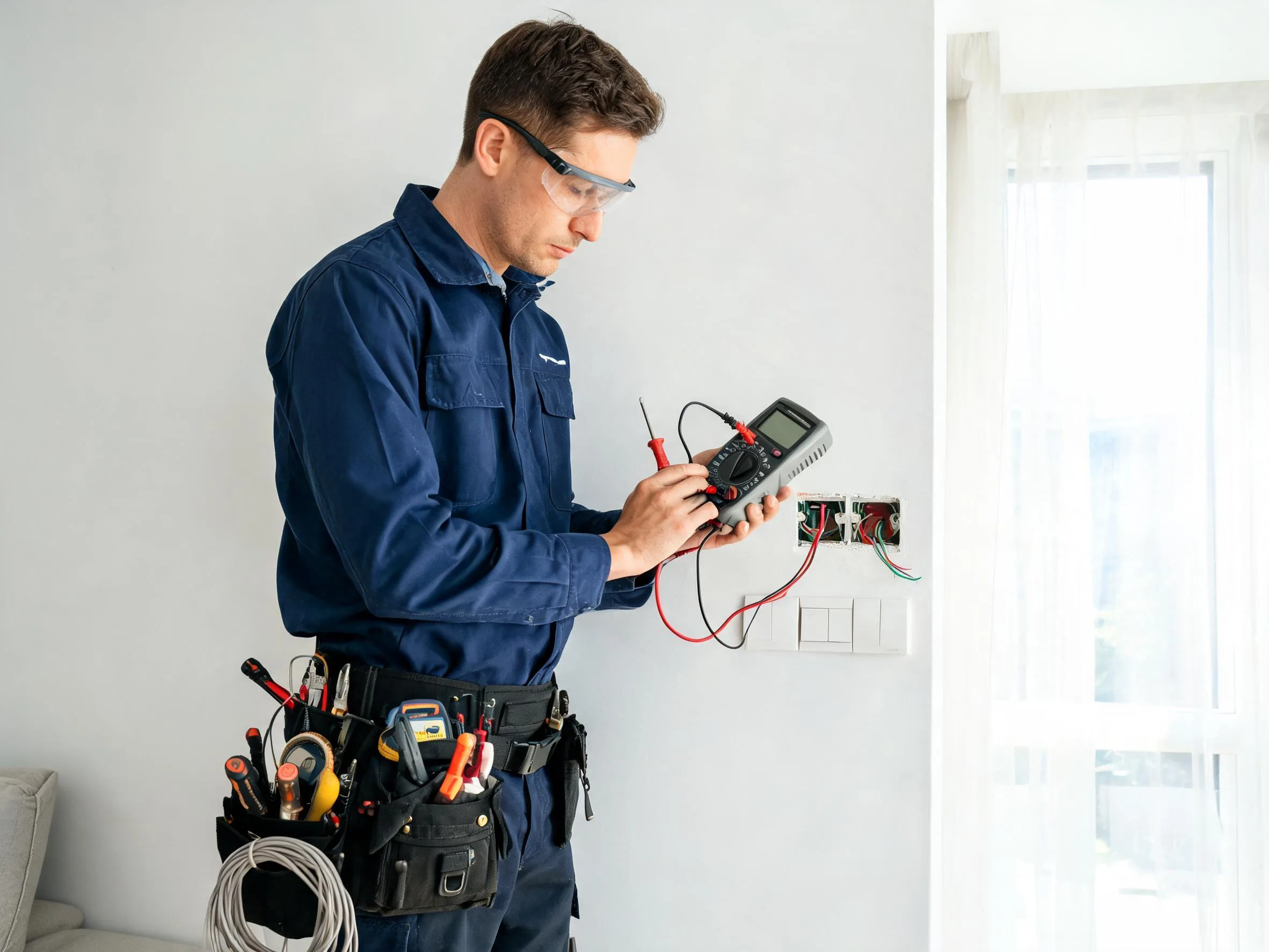 Electrician verifica o instalatie electrica cu multimetrul in Brasov